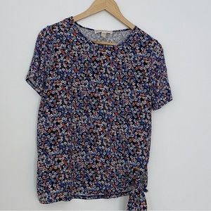 Michael Kors Blue Floral Mixed Media Short Sleeve Blouse Top - Small